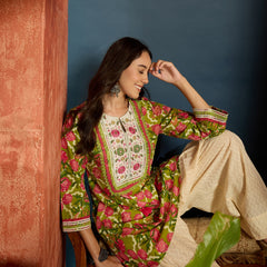 Stylum Women's Green Floral Printed & Embroidered Cotton A-Line Short Kurti With Farshi Salwar (KSGREENGILORI)