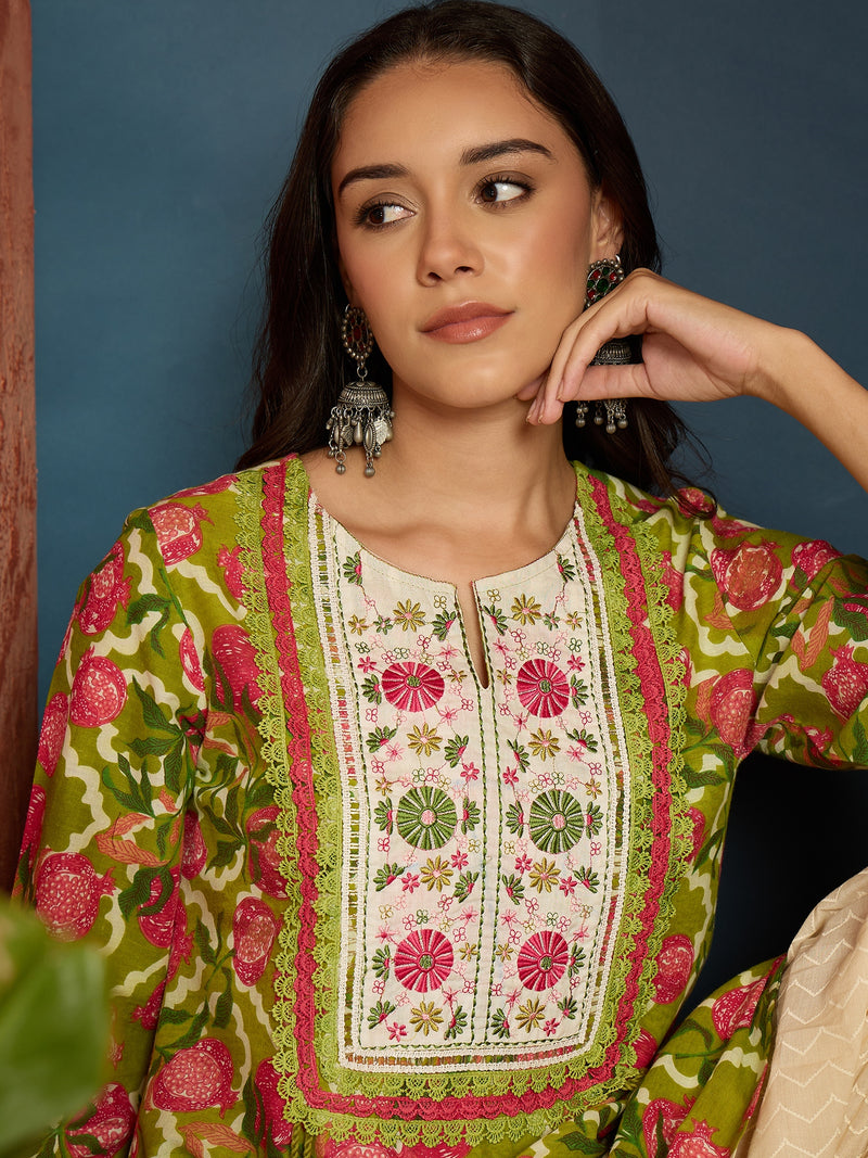 Stylum Women's Green Floral Printed & Embroidered Cotton A-Line Short Kurti With Farshi Salwar (KSGREENGILORI)