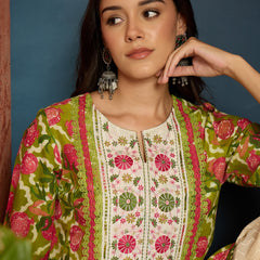Stylum Women's Green Floral Printed & Embroidered Cotton A-Line Short Kurti With Farshi Salwar (KSGREENGILORI)