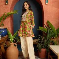 Stylum Women's Green Floral Printed & Embroidered Cotton A-Line Short Kurti With Farshi Salwar (KSGREENGILORI)