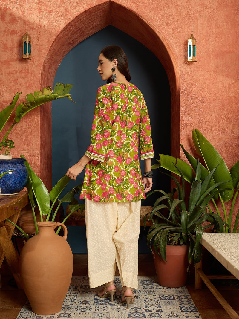 Stylum Women's Green Floral Printed & Embroidered Cotton A-Line Short Kurti With Farshi Salwar (KSGREENGILORI)