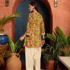 Stylum Women's Green Floral Printed & Embroidered Cotton A-Line Short Kurti With Farshi Salwar (KSGREENGILORI)