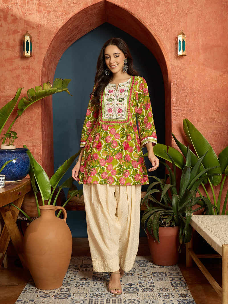 Stylum Women's Green Floral Printed & Embroidered Cotton A-Line Short Kurti With Farshi Salwar (KSGREENGILORI)