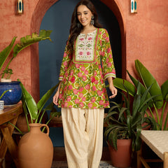 Stylum Women's Green Floral Printed & Embroidered Cotton A-Line Short Kurti With Farshi Salwar (KSGREENGILORI)