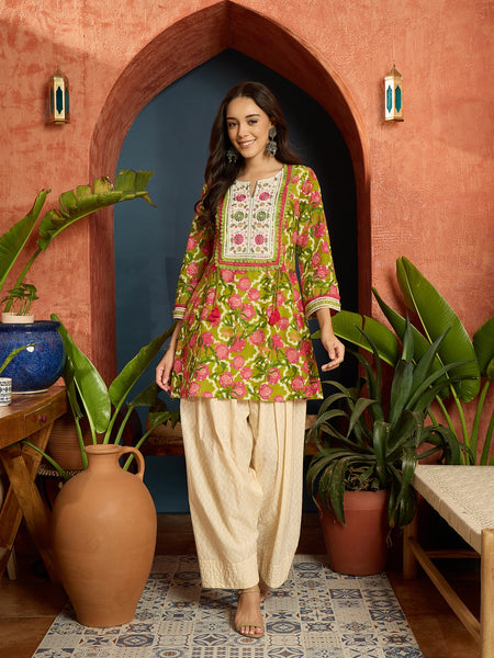 Stylum Women's Green Floral Printed & Embroidered Cotton A-Line Short Kurti With Farshi Salwar (KSGREENGILORI)