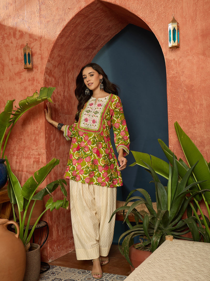 Stylum Women's Green Floral Printed & Embroidered Cotton A-Line Short Kurti With Farshi Salwar (KSGREENGILORI)