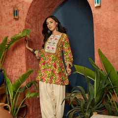 Stylum Women's Green Floral Printed & Embroidered Cotton A-Line Short Kurti With Farshi Salwar (KSGREENGILORI)