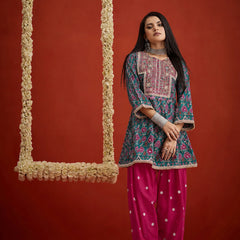 Stylum Women's Green Ikkat Printed & Embroidered Cotton A-Line Short Kurti With Farshi Salwar (KSGREENIMPEX)