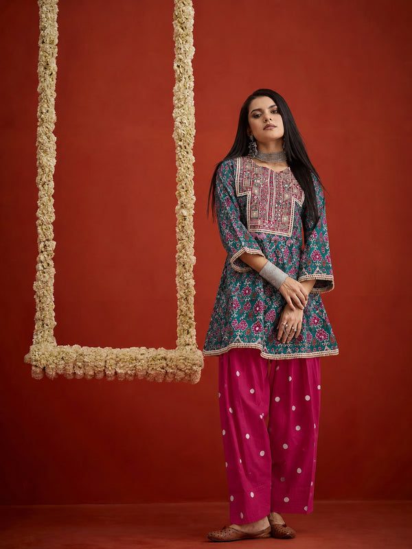 Stylum Women's Green Ikkat Printed & Embroidered Cotton A-Line Short Kurti With Farshi Salwar (KSGREENIMPEX)