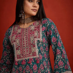 Stylum Women's Green Ikkat Printed & Embroidered Cotton A-Line Short Kurti With Farshi Salwar (KSGREENIMPEX)