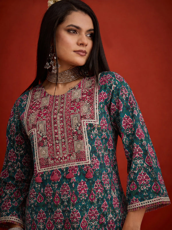 Stylum Women's Green Ikkat Printed & Embroidered Cotton A-Line Short Kurti With Farshi Salwar (KSGREENIMPEX)
