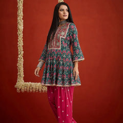 Stylum Women's Green Ikkat Printed & Embroidered Cotton A-Line Short Kurti With Farshi Salwar (KSGREENIMPEX)