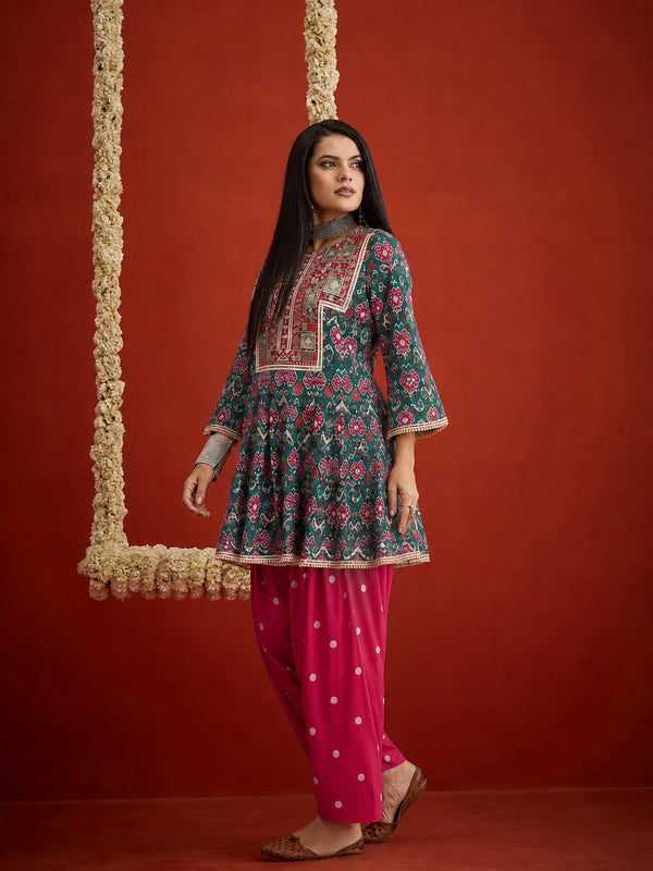 Stylum Women's Green Ikkat Printed & Embroidered Cotton A-Line Short Kurti With Farshi Salwar (KSGREENIMPEX)
