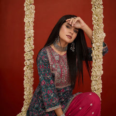 Stylum Women's Green Ikkat Printed & Embroidered Cotton A-Line Short Kurti With Farshi Salwar (KSGREENIMPEX)