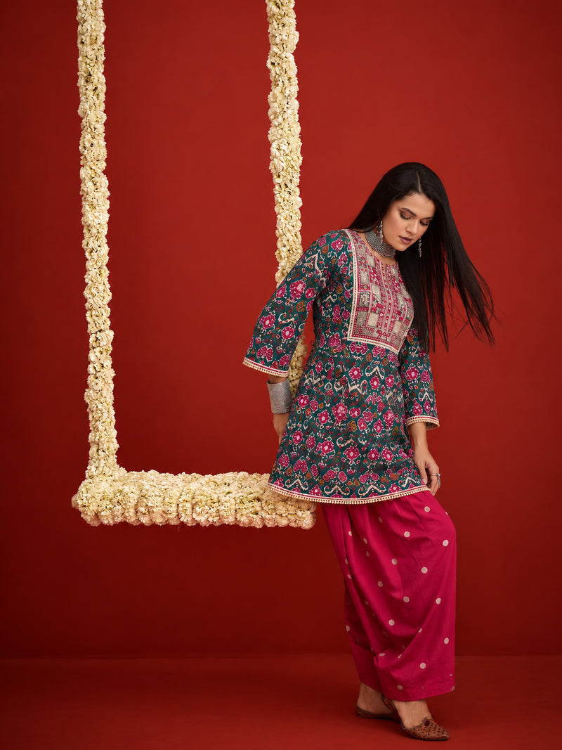 Stylum Women's Green Ikkat Printed & Embroidered Cotton A-Line Short Kurti With Farshi Salwar (KSGREENIMPEX)
