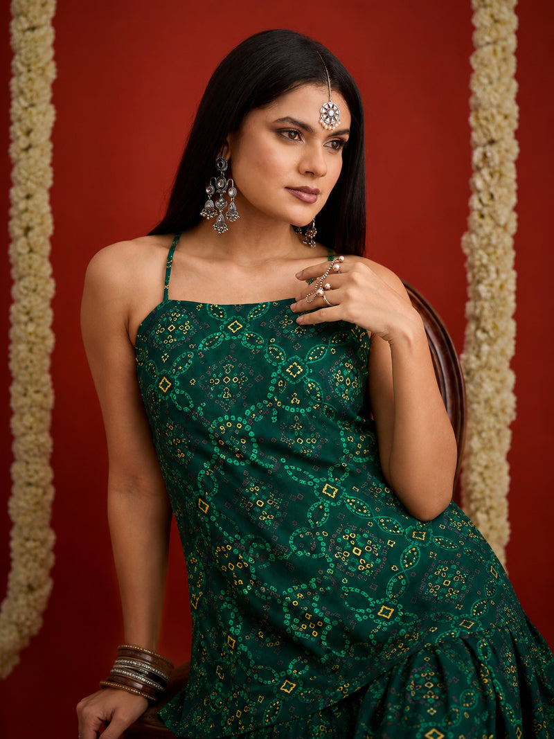 Stylum Women's Green Bandhej Printed Reyon Straight Short Kurti With Farshi Salwar (KSGREENKABIRA)