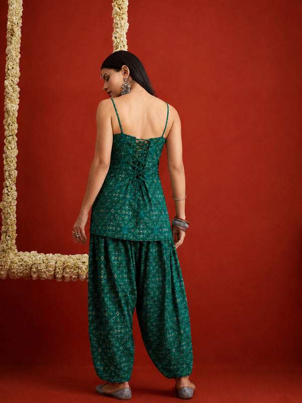 Stylum Women's Green Bandhej Printed Reyon Straight Short Kurti With Farshi Salwar (KSGREENKABIRA)