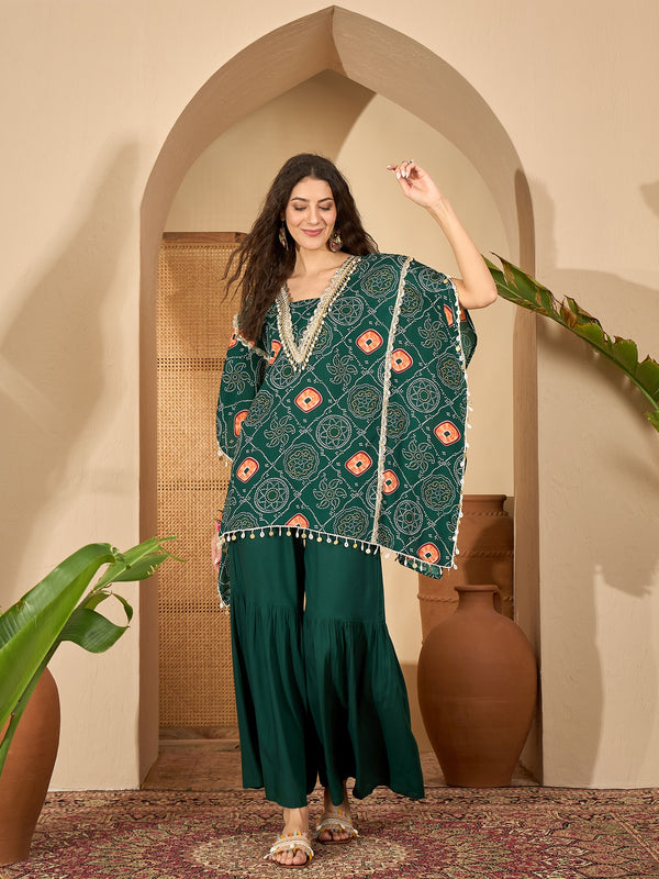 Stylum Women's Green Bandhej Printed Crepe Kaftan Sharara Set (KSGREENSANDHYA)