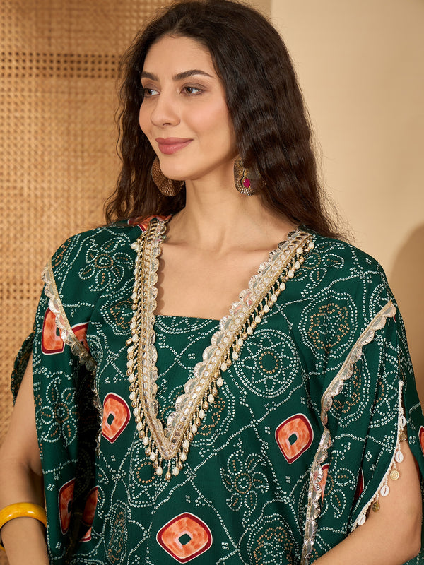 Stylum Women's Green Bandhej Printed Crepe Kaftan Sharara Set (KSGREENSANDHYA)