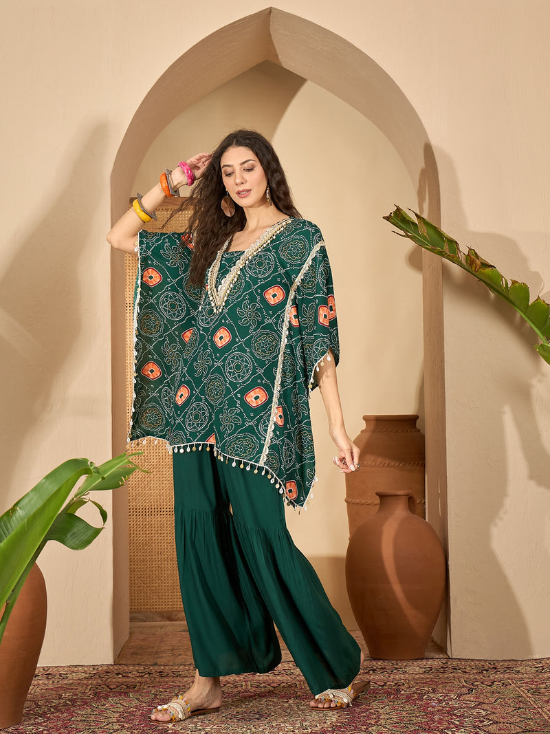 Stylum Women's Green Bandhej Printed Crepe Kaftan Sharara Set (KSGREENSANDHYA)