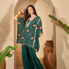 Stylum Women's Green Bandhej Printed Crepe Kaftan Sharara Set (KSGREENSANDHYA)