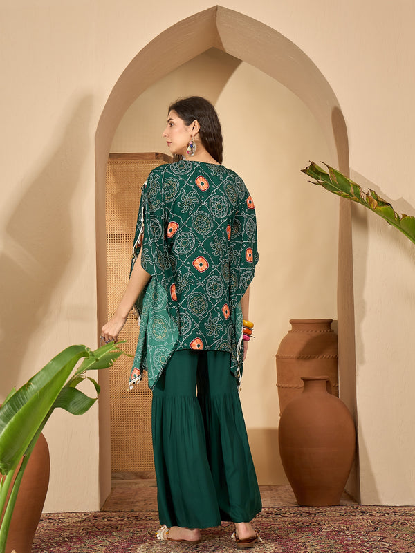 Stylum Women's Green Bandhej Printed Crepe Kaftan Sharara Set (KSGREENSANDHYA)
