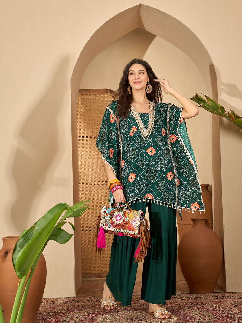 Stylum Women's Green Bandhej Printed Crepe Kaftan Sharara Set (KSGREENSANDHYA)