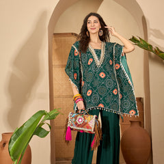 Stylum Women's Green Bandhej Printed Crepe Kaftan Sharara Set (KSGREENSANDHYA)