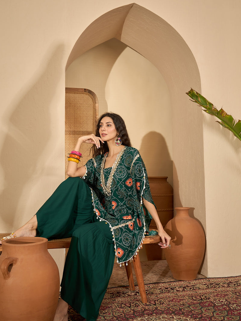 Stylum Women's Green Bandhej Printed Crepe Kaftan Sharara Set (KSGREENSANDHYA)