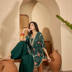 Stylum Women's Green Bandhej Printed Crepe Kaftan Sharara Set (KSGREENSANDHYA)