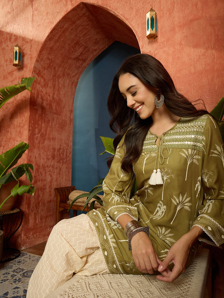 Stylum Women's Green Palm Tree Printed Rayon A-Line Kurti With Farshi Salwar Set (KSGREENVELIN)