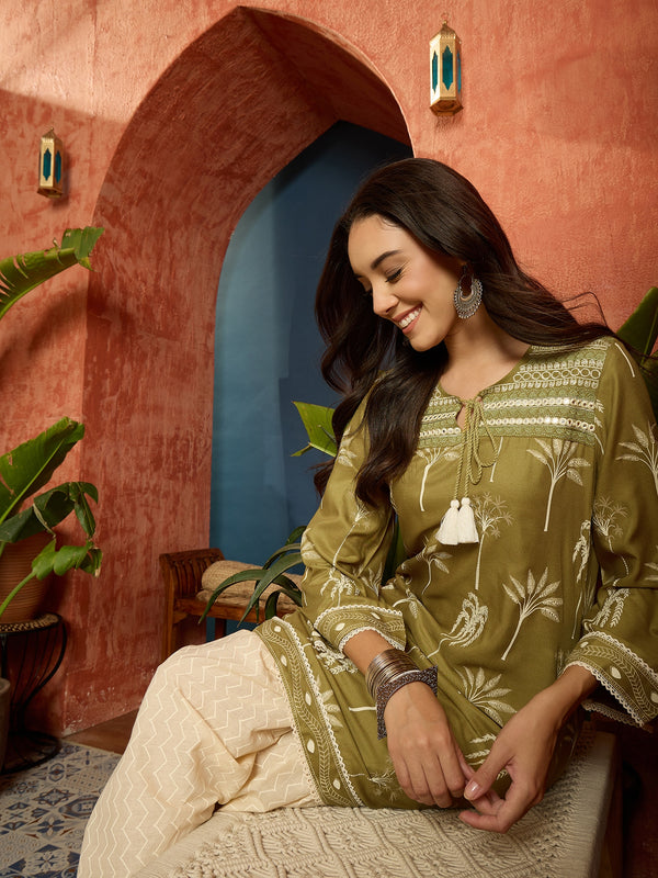 Stylum Women's Green Palm Tree Printed Rayon A-Line Kurti With Farshi Salwar Set (KSGREENVELIN)