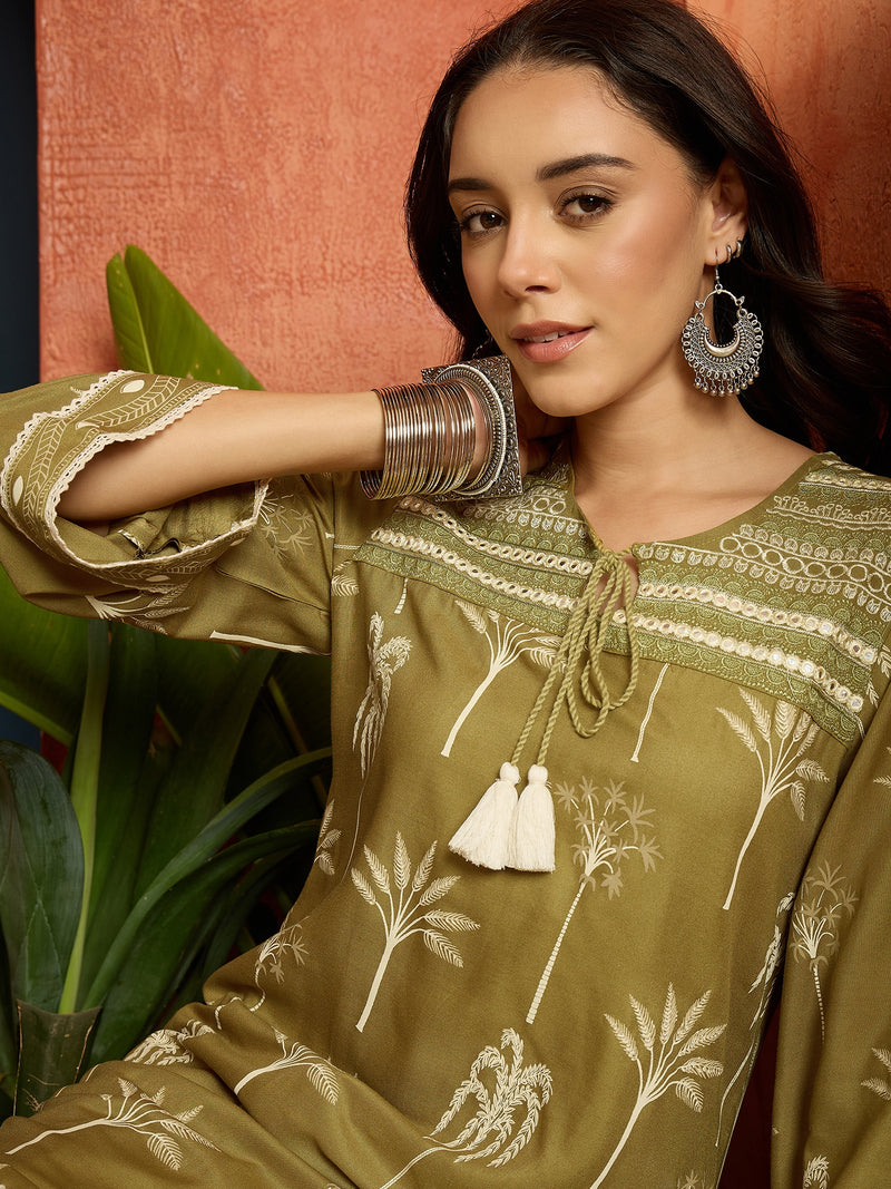 Stylum Women's Green Palm Tree Printed Rayon A-Line Kurti With Farshi Salwar Set (KSGREENVELIN)