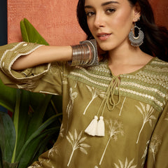 Stylum Women's Green Palm Tree Printed Rayon A-Line Kurti With Farshi Salwar Set (KSGREENVELIN)