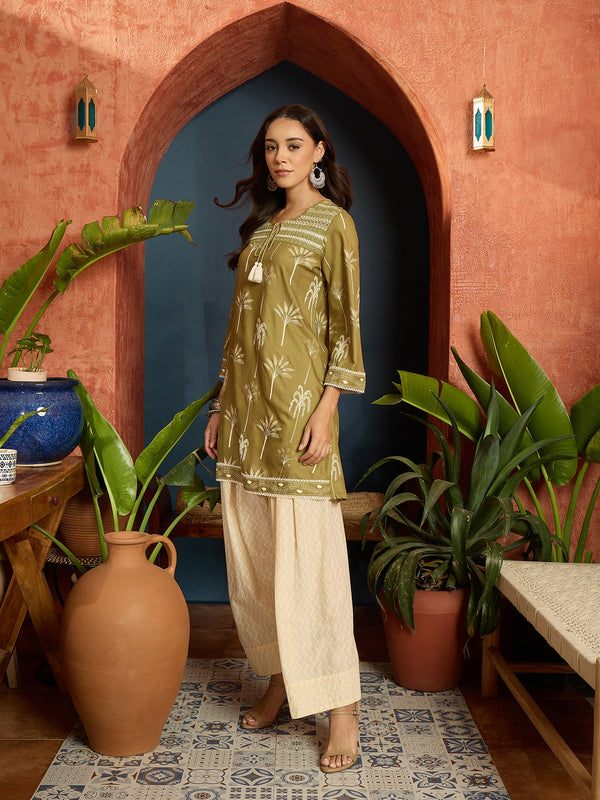Stylum Women's Green Palm Tree Printed Rayon A-Line Kurti With Farshi Salwar Set (KSGREENVELIN)