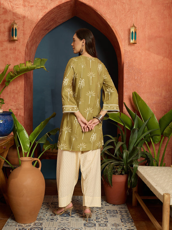 Stylum Women's Green Palm Tree Printed Rayon A-Line Kurti With Farshi Salwar Set (KSGREENVELIN)