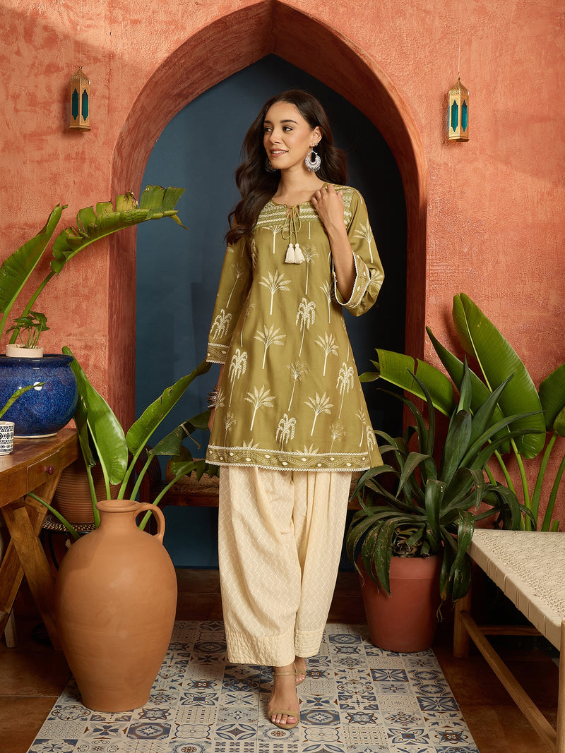 Stylum Women's Green Palm Tree Printed Rayon A-Line Kurti With Farshi Salwar Set (KSGREENVELIN)