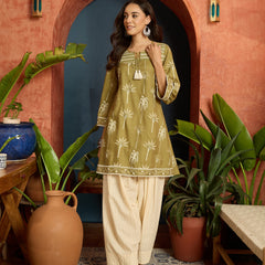 Stylum Women's Green Palm Tree Printed Rayon A-Line Kurti With Farshi Salwar Set (KSGREENVELIN)