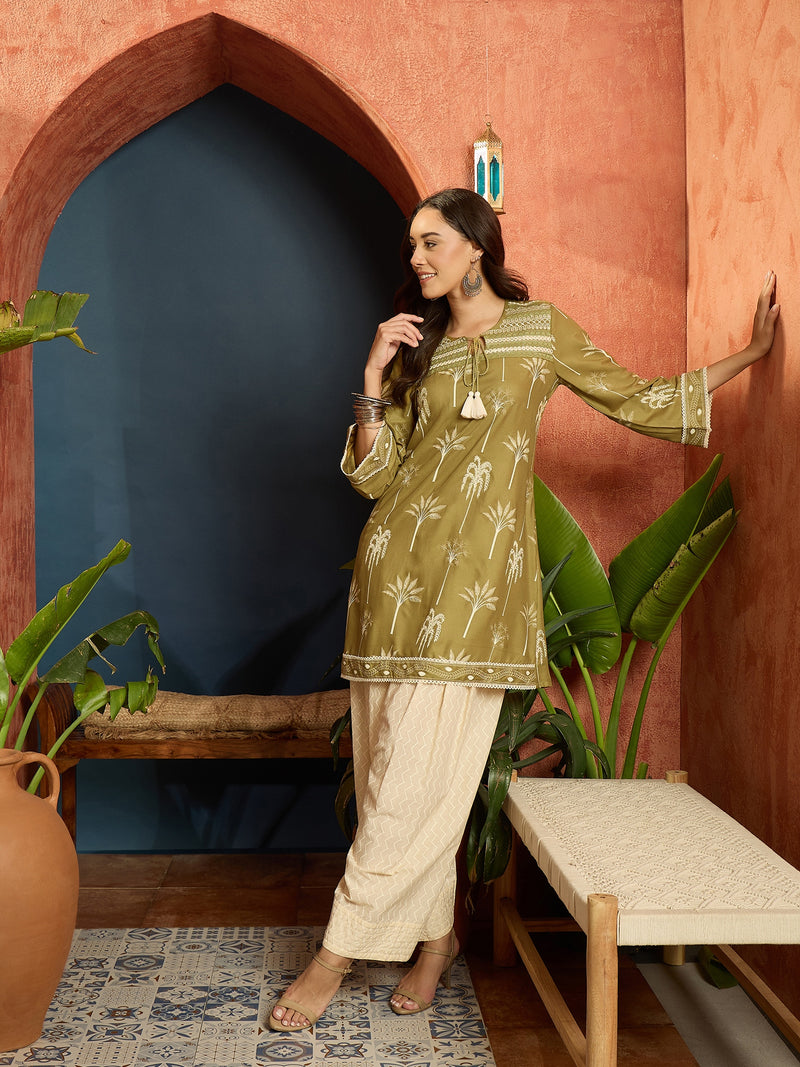 Stylum Women's Green Palm Tree Printed Rayon A-Line Kurti With Farshi Salwar Set (KSGREENVELIN)