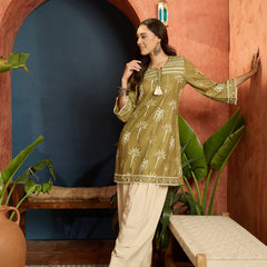 Stylum Women's Green Palm Tree Printed Rayon A-Line Kurti With Farshi Salwar Set (KSGREENVELIN)