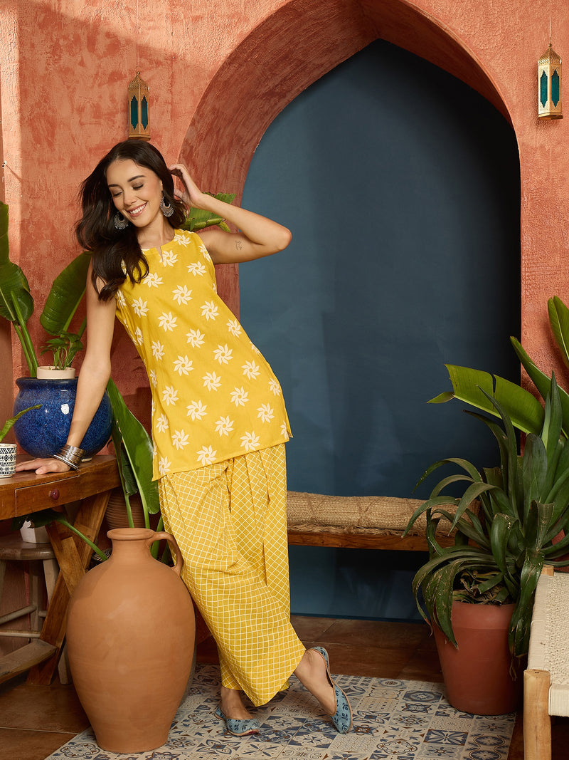 Stylum Women's Yellow Floral Printed Pure Cotton Straight Kurti With Farshi Salwar (KSLEMONCHAKLI)