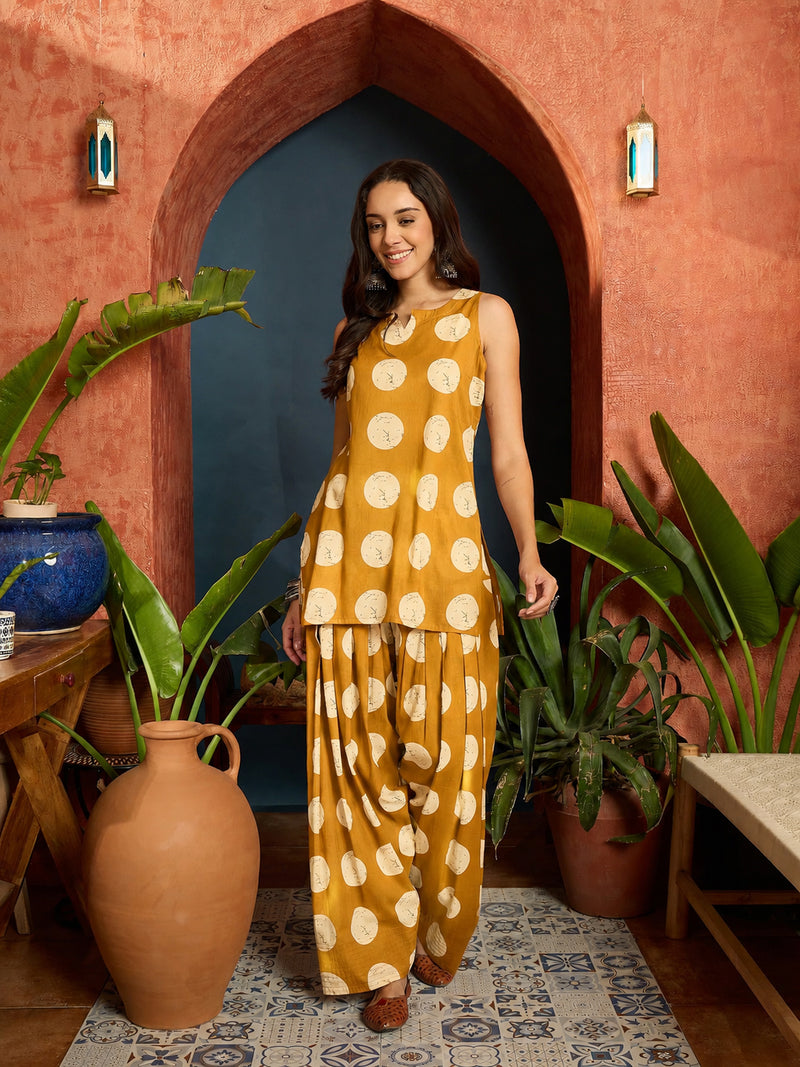 Stylum Women's Mustard Polka Dot Printed Pure Cotton Straight Kurti With Farshi Salwar (KSMUSTGOTTEX)