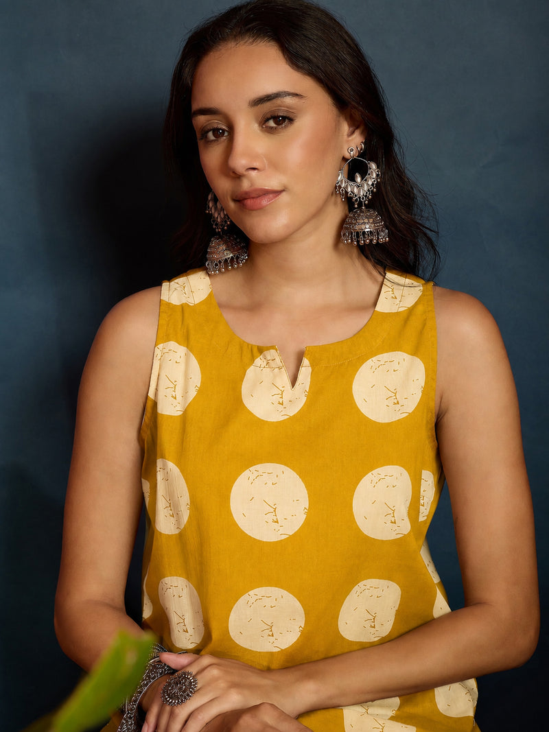 Stylum Women's Mustard Polka Dot Printed Pure Cotton Straight Kurti With Farshi Salwar (KSMUSTGOTTEX)
