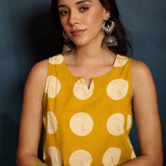 Stylum Women's Mustard Polka Dot Printed Pure Cotton Straight Kurti With Farshi Salwar (KSMUSTGOTTEX)
