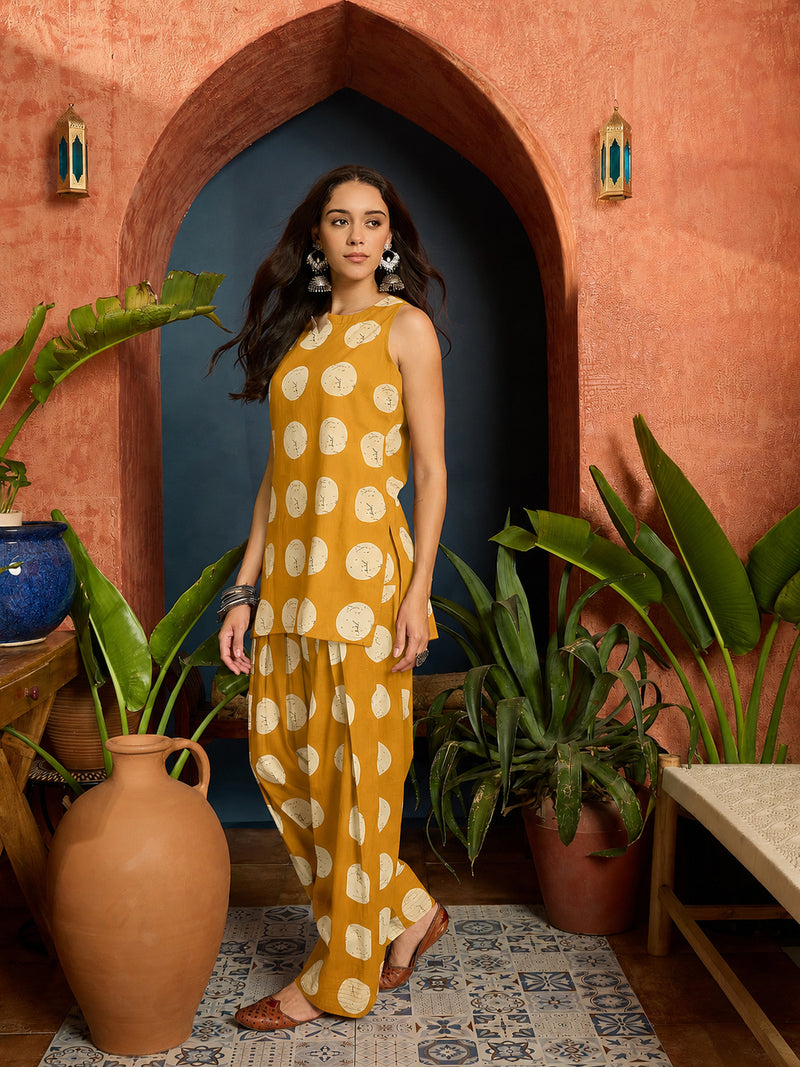 Stylum Women's Mustard Polka Dot Printed Pure Cotton Straight Kurti With Farshi Salwar (KSMUSTGOTTEX)