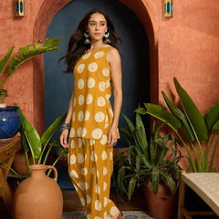 Stylum Women's Mustard Polka Dot Printed Pure Cotton Straight Kurti With Farshi Salwar (KSMUSTGOTTEX)