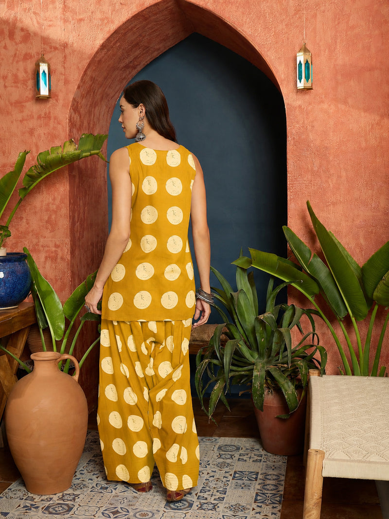 Stylum Women's Mustard Polka Dot Printed Pure Cotton Straight Kurti With Farshi Salwar (KSMUSTGOTTEX)