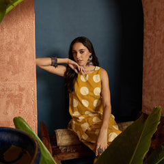 Stylum Women's Mustard Polka Dot Printed Pure Cotton Straight Kurti With Farshi Salwar (KSMUSTGOTTEX)