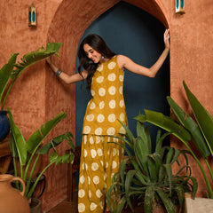 Stylum Women's Mustard Polka Dot Printed Pure Cotton Straight Kurti With Farshi Salwar (KSMUSTGOTTEX)