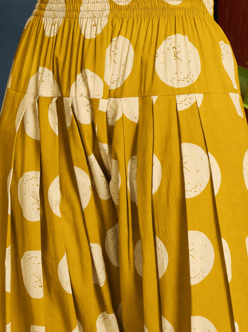 Stylum Women's Mustard Polka Dot Printed Pure Cotton Straight Kurti With Farshi Salwar (KSMUSTGOTTEX)